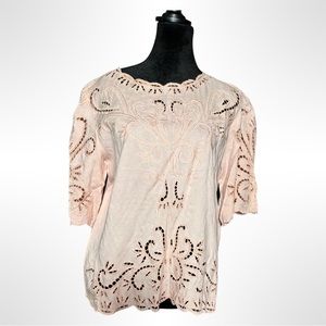Retro Vintage Pink Sheer See Through Blouse Floral Lace - Size M
